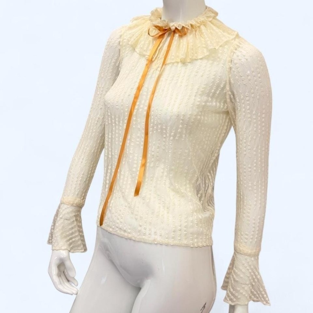 Sheer Lace Coquette Blouse Ivory Mesh Balletcore Ribbon Top‎ Womens S